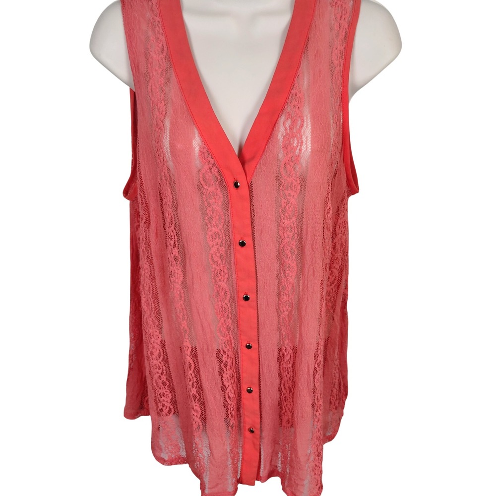 Cato Womens XL Coral Pink Lace Sleeveless Button Front V-Neck Sheer Top costal